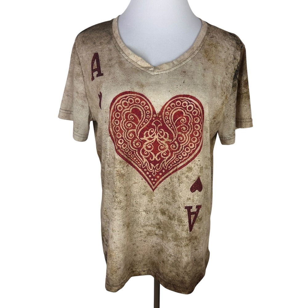 Ace of Hearts Women's XXL Playing Card Graphic V-Neck T-Shirt Tan Red